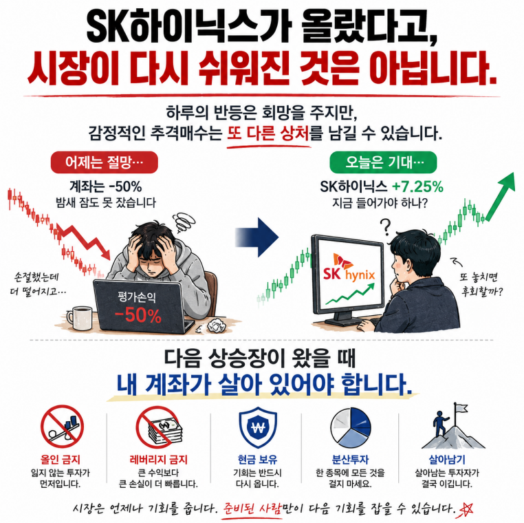 hyevly0's tweet photo. 오늘 SK하이닉스가 크게 올랐습니다.

아마 많은 분들의 마음도 다시 흔들리고 있을 겁니다.

어제까지만 해도 절망하고 있었는데,
오늘 급등하는 주가를 보니 또 이런 생각이 들죠.
"이제 바닥이 나온 걸까?"
"다시 상승장이 시작되는 걸까?"
"지금이라도 들어가서 잃은 돈을 만회해야 하나?"

저는 그 마음을 너무나 잘 압니다.
계좌가 반토막 났을 때는 잠도 오지 않고,
주가가 반등하면 혹시나 기회를 놓칠까 두려워집니다.
요즘 정말 많은 DM을 받고 있습니다.

누군가는 강제 청산을 당했고,

누군가는 몇 달 동안 벌었던 수익을 모두 반납했습니다.
또 어떤 분들은 집 마련 자금, 자녀 교육비, 심지어 부모님의 노후자금까지 시장에서 잃었습니다.

가장 힘든 건 돈을 잃었다는 사실 자체가 아닙니다.

오랜 시간 노력해서 만든 자산이
단 며칠 만에 원점으로 돌아간 것 같은 상실감입니다.

그래서 오늘 꼭 말씀드리고 싶습니다.

하루의 급등이 모든 상처를 치유해 주지는 않습니다.
하루의 반등이 모든 위험이 끝났다는 뜻도 아닙니다.

많은 투자자들이 반복해서 실수합니다.

하락할 때는 절망하고,
하루 오르면 다시 흥분합니다.
그리고 공포에 팔고,
흥분해서 다시 추격 매수합니다.

결국 시장보다 자신의 감정에 계속 휘둘리게 됩니다.

25년 동안 시장에서 제가 배운 것은 단 하나입니다.
시장에서 가장 아픈 일은
한 번의 상승을 놓치는 것이 아닙니다.

충동적인 선택 때문에
다음 상승장을 맞이할 기회 자체를 잃는 것입니다.

저는 정말 많은 사람들을 봤습니다.
20대에 10억 원을 벌고 다시 원점으로 돌아간 사람.

30대에 30억 원을 벌고도 몇 년째 제자리에 머무는 사람.
반대로,
몇 번의 사이클을 견디며
100억 원을 1,000억 원 가까운 자산으로 키운 사람도 있었습니다.

그 차이는 특별한 재능이 아니었습니다.

 절대 올인하지 않는 것
 빚을 내서 투자하지 않는 것
 항상 현금과 퇴로를 남겨두는 것
 무엇보다 '살아남는 것'을 최우선으로 두는 것

시장은 언제나 새로운 기회를 줍니다.
AI도,
HBM도,
반도체도,

앞으로 또 다른 주도주와 새로운 상승장이 찾아올 것입니다.
하지만 중요한 전제가 하나 있습니다.

다음 기회가 왔을 때, 내 계좌가 살아 있어야 합니다.

오늘 SK하이닉스의 상승이 여러분에게 다시 희망을 주었다면,

부디 서두르지 마십시오.

먼저 스스로에게 세 가지 질문을 던져보세요.
나는 지금 투자하고 있는가,
아니면 잃은 돈을 되찾으려 하고 있는가?
나는 기회를 잡으려는가,
아니면 놓칠까 봐 두려워하는가?

그리고 나는,
또 한 번의 하락을 견딜 준비가 되어 있는가?

꼭 기억하시길 바랍니다.
빨리 돈 버는 사람은 많습니다.
하지만 여러 번의 사이클을 살아남는 사람은 많지 않습니다.
한 번 맞히는 사람은 많습니다.
그러나 부를 끝까지 지켜내는 사람은 더 적습니다.
최근 시장 때문에 힘들고,
어떻게 해야 할지 막막하다면 언제든지 DM 주세요.

25년의 투자 경험이 여러분을 단번에 부자로 만들어주지는 못하겠지만,
적어도 몇 년의 시행착오는 줄여드릴 수 있다고 믿습니다. 📩