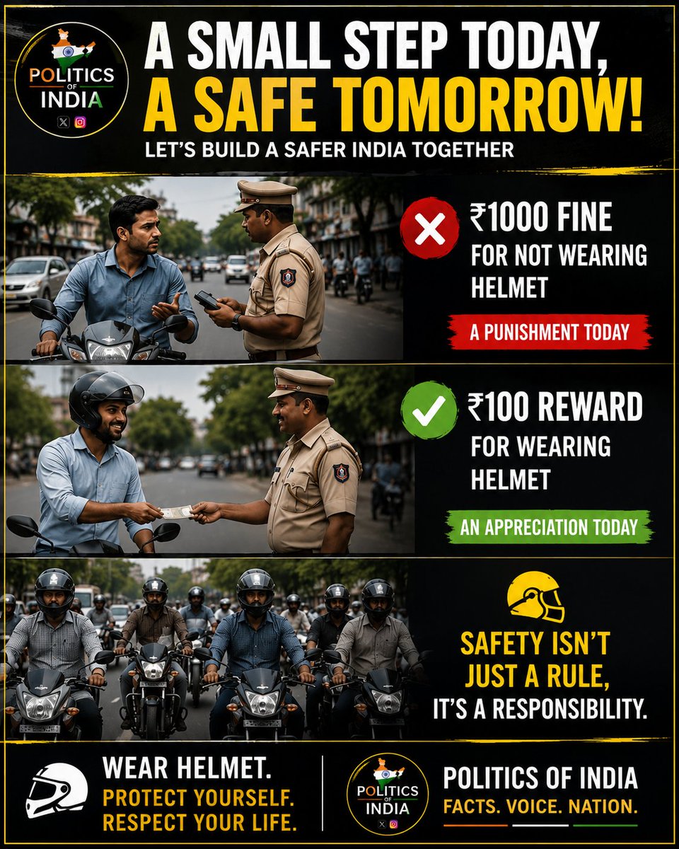 Politicofindia's tweet photo. Punishments create fear. Rewards can create habits.
Should India introduce incentives for following traffic rules?
#RoadSafety #India #PoliticsOfIndia https://t.co/jGA5OuUG0j
