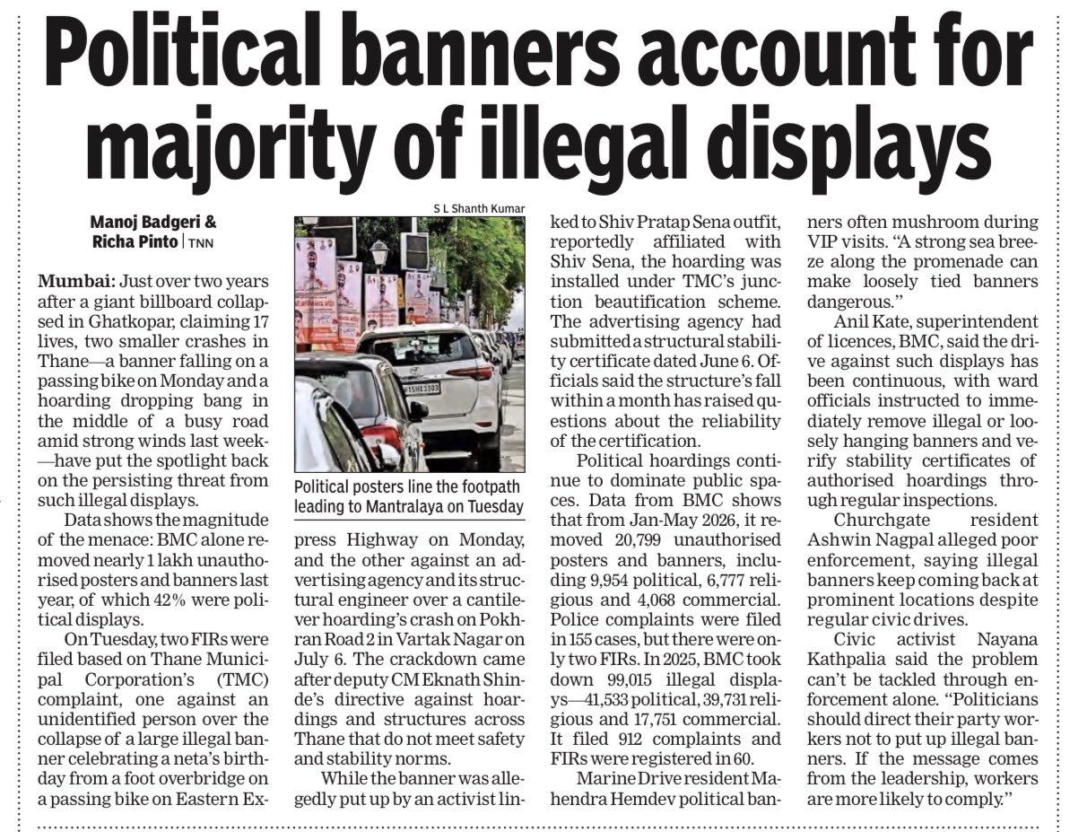 richapintoi's tweet photo. Illegal posters and banners, political hoardings continue to dominate Mumbai’s streetscape till date & more so when assembly session is ongoing or if the festival season is around. Between January and May this year, BMC removed 20,799 unauthorised posters and banners across the city, nearly half of them linked to political parties, civic data shows. More below 👇🏻 

 https://t.co/p3mcmA9PSb