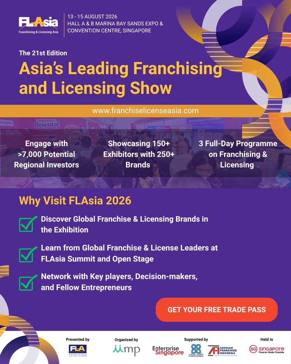 info_franchise's tweet photo. 📅 13–15 August 2026 
📍 Marina Bay Sands Expo &amp; Convention Centre 
🎟️ Get Your Trade Pass Now → https://t.co/z46EvvGg1d

#FLAsia #FLAsia2026 #Franchising #Licensing #B2B #Event #MBS #Singapore #Asia #BusinessOpportunities #FranchiseBusiness https://t.co/JCDeW1o28F