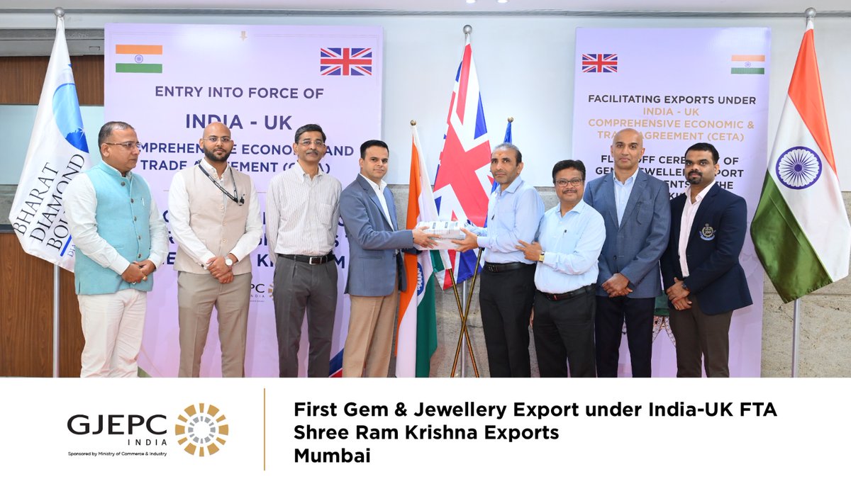 GJEPCIndia's tweet photo. India–UK FTA Opens a New Chapter for Jewellery Exports 🇮🇳🇬🇧

The first gem &amp; jewellery export consignments under the India–UK FTA were flagged off today from PCCCC &amp; BDB, Mumbai, marking the rollout of the landmark trade agreement. https://t.co/1GhQFZullg