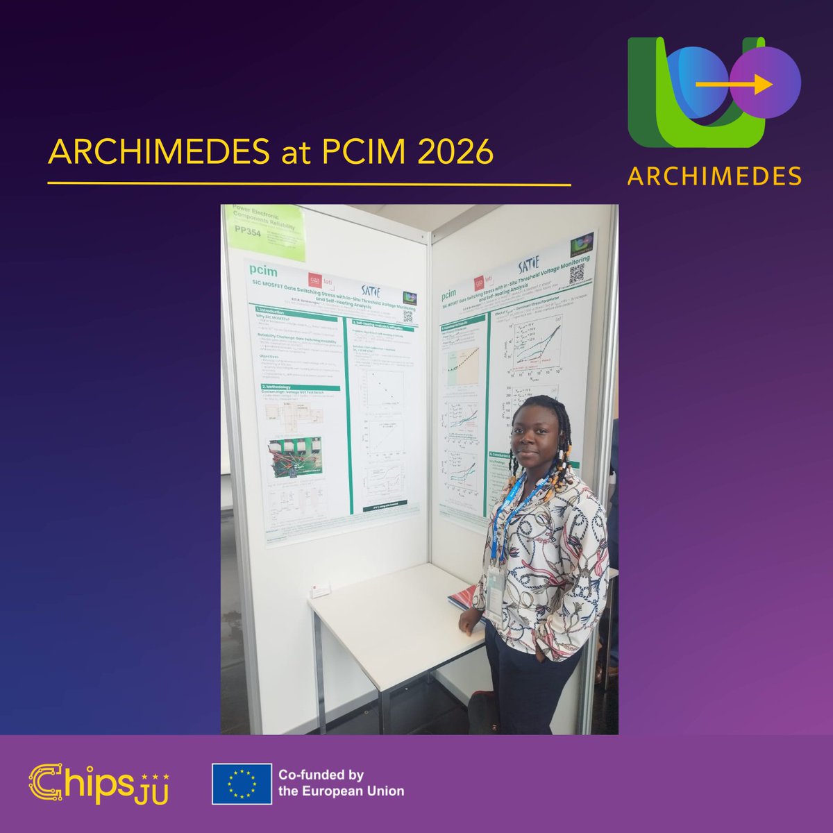 ARCHIMEDES_KDT's tweet photo. 🔙 Throwback to #PCIM, where Diane BONKOUNGOU from @CEA represented the #ARCHIMEDES project with a poster on SiC MOSFET Gate Switching Stress, in-situ threshold voltage monitoring, and self-heating analysis. ⚡Great to see our research showcased at this leading event! https://t.co/Q6xR6rat44
