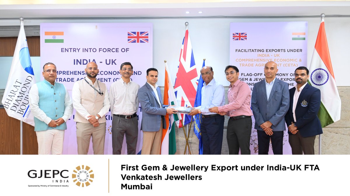 GJEPCIndia's tweet photo. India–UK FTA Opens a New Chapter for Jewellery Exports 🇮🇳🇬🇧

The first gem &amp; jewellery export consignments under the India–UK FTA were flagged off today from PCCCC &amp; BDB, Mumbai, marking the rollout of the landmark trade agreement. https://t.co/1GhQFZullg