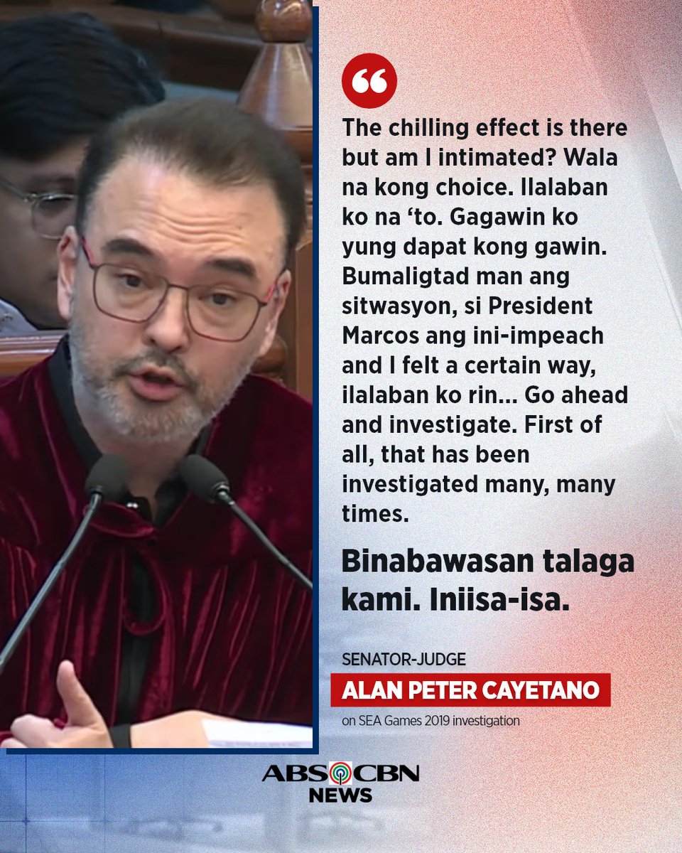 ABSCBNNews's tweet photo. 'BINABAWASAN TALAGA KAMI, INIISA-ISA'
 
Nagbigay ng pahayag si Sen. Alan Peter Cayetano kaugnay ng imbestigasyon ng NBI sa mga umano'y iregularidad sa infrastructure projects noong SEA Games 2019, na pinamunuan niya bilang chairman ng Philippine Southeast Asian Games Organizing Committee (PHISGOC).
 
Kaugnay na ulat: https://t.co/b5bKtMw31m