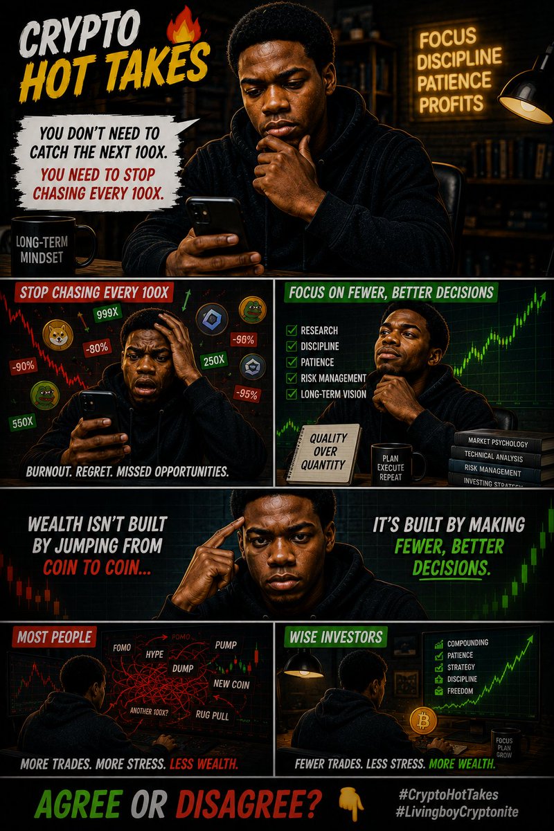 LIVINGBOYCRYPTO's tweet photo. 🚨 Crypto Hot Take:
You don't need to catch the next 100x.
You need to stop chasing every 100x.
Wealth isn't built by jumping from coin to coin...
It's built by making fewer, better decisions.
Agree or disagree? 👇🔥
#CryptoHotTakes #LivingboyCryptonite https://t.co/vowrjKzSRB