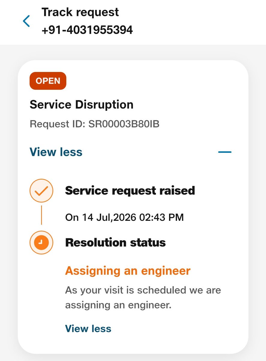 sknagen's tweet photo. @JioCare, do you care to assign an engineer and resolve the issue? It has been raised since yesterday. https://t.co/bJcaLamEOQ