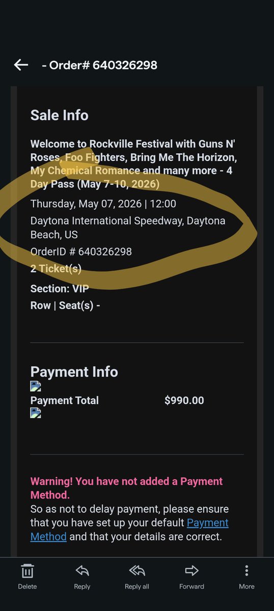 CimagliaAnthony's tweet photo. @StubHub @TeamStubHub   @TeamStubHub Thursday tickets for a 4 Day festival.   Please pay on order # 640326298 https://t.co/Y9B5fkbUIS