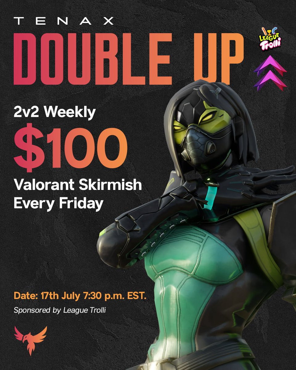 TenaxTourneys's tweet photo. 🎮 NEW WEEKLY TENAX VALORANT TOURNAMENT 🎮

💰 $100 prize pool every Friday at 7:30 PM EST! 📅 The first one drops THIS Friday, July 17th.
Secure your squad's spot now 👇 https://t.co/5vkhL5foMM