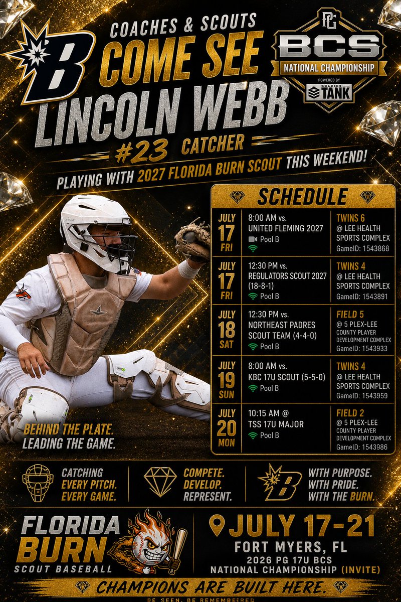 LincWebb28's tweet photo. Coaches &amp; scouts, see you in Fort Myers.  
Excited to catch for @FloridaBurn Scout 2027 at the @PG_Scouting 17U #BCS National Championship. Looking forward to competing against great talent this weekend.
#LincWebb28 #Catcher #uncommitted #FloridaBurn #PGBaseball https://t.co/ys64R1i6GF