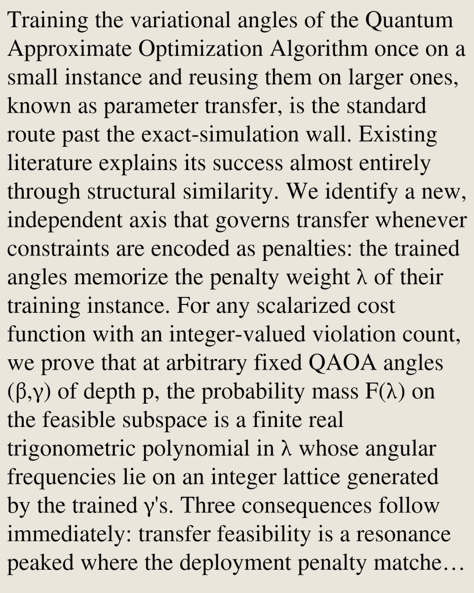 QuantumPapers's tweet photo. Transferred QAOA Parameters Remember the Penalty Scale: A λ-Resonance Law for Constrained Quantum Optimization

Krit Grover
https://t.co/Kt64C3M59u [𝚚𝚞𝚊𝚗𝚝-𝚙𝚑] https://t.co/H90CwGGnVr