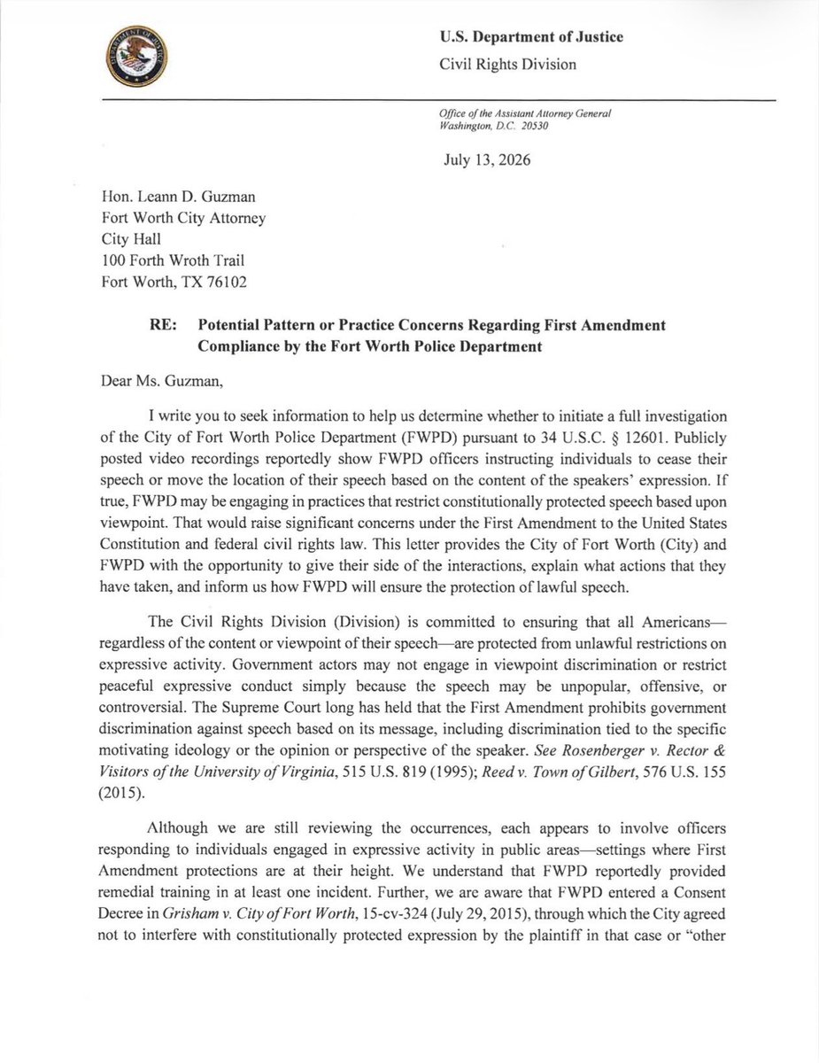 Tell the @fortworthpd I would be more than happy to help them comply with #2 of the DOJ demands. You’d have confidence I’d do it constitutionally!