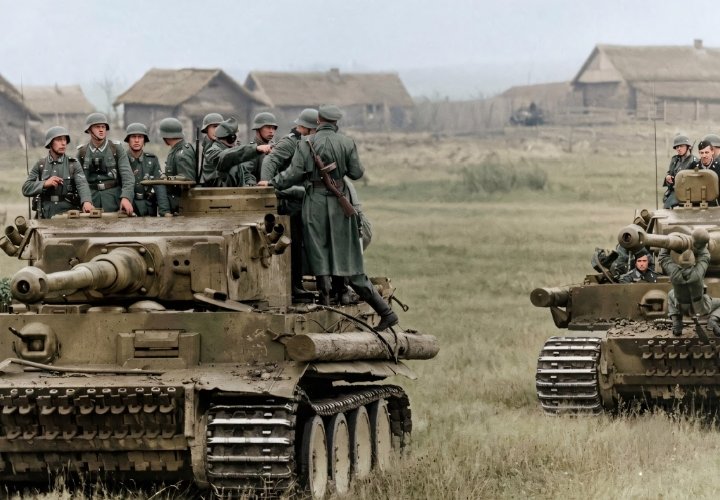 Das_Pazer's tweet photo. PzKpfw VI "Tiger" of the Schwere Panzer-Abteilung 505 accompanied by mounted Panzergrenadiere shortly before their advance in the course of "Unternehmen Zitadelle". The Abteilung lost in two days 21 of 26 Tigers but was able to destroy 111 #soviet tanks. USSR, early July 1943 https://t.co/K3VLtak7D8