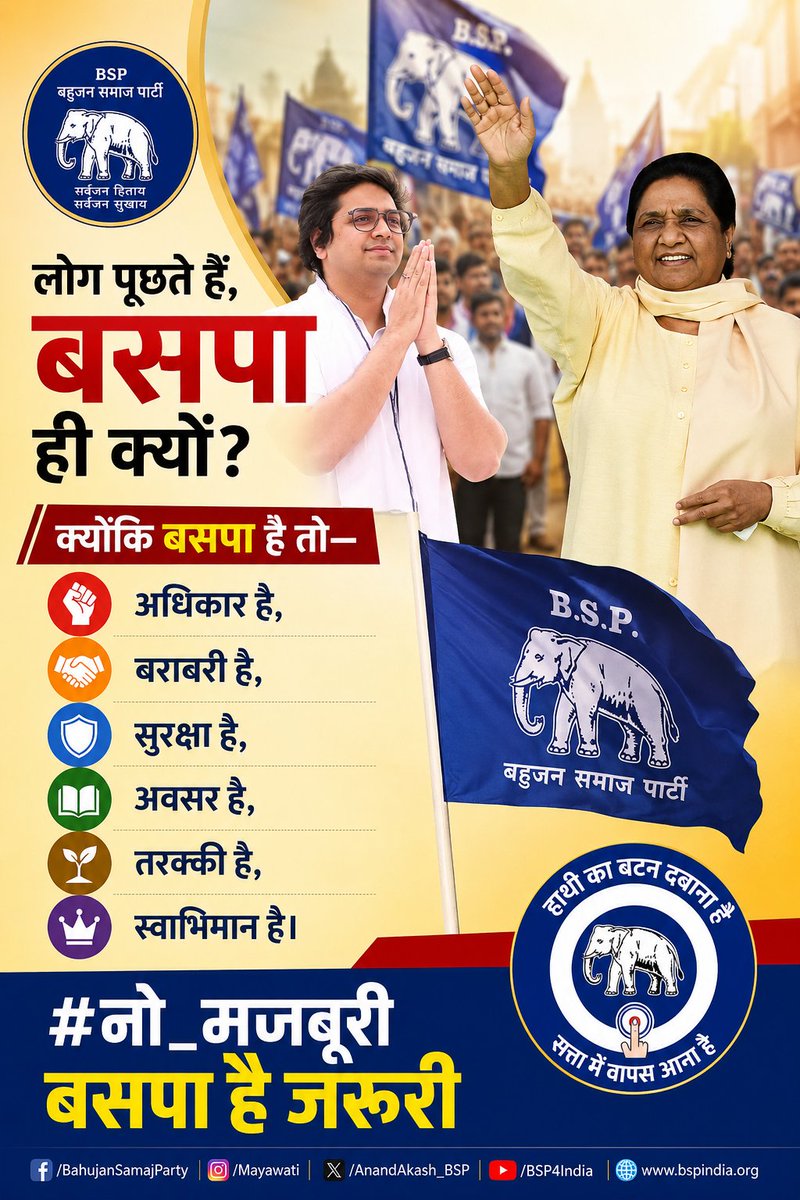 aditimishra7022's tweet photo. लोग पूछते हैं, बसपा ही क्यों?

क्योंकि बसपा है तो—
✊ अधिकार है,
🤝 बराबरी है,
🛡️ सुरक्षा है,
📚 अवसर है,
🌱 तरक्की है,
👑 स्वाभिमान है।

#नो_मजबूरी_बसपा_है_ज़रूरी https://t.co/7172d8MRUm