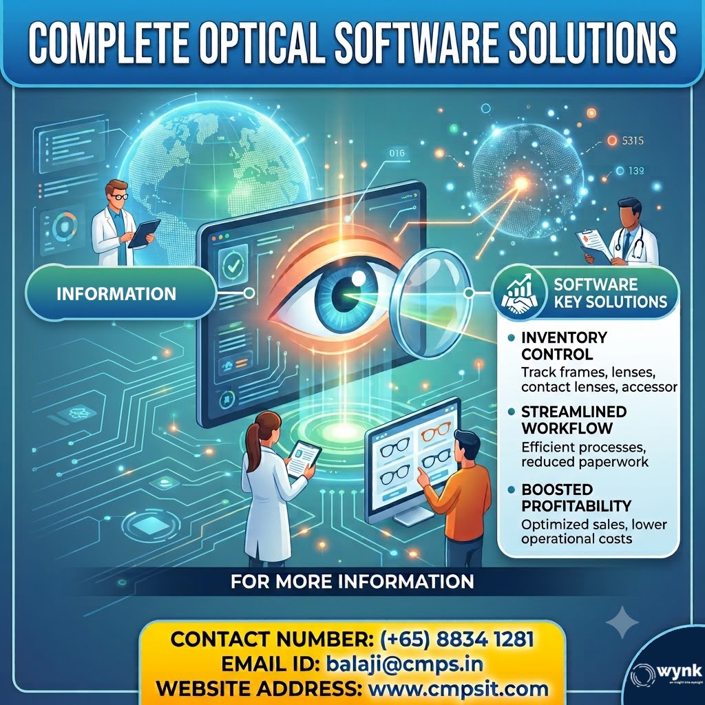 WynkEmr's tweet photo. CMPS, a software company, offers advanced software solutions for Ophthalmology practices "Wynk Optical".
Wynk Optical, a smarter way to run your optical business for modern Optical Stores.
#OpticianSG #opticalSingapore #EyewearSG #SGEyeCare #SingaporeOptometrist #VisionCare https://t.co/sqViz4ZdEs