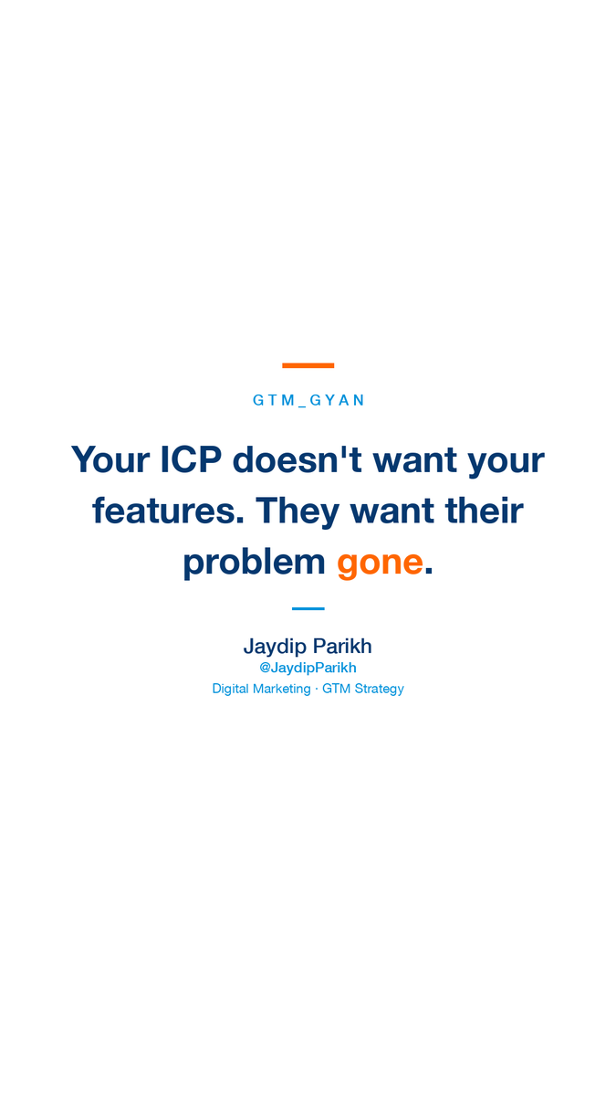 JaydipParikh's tweet photo. Nobody buys a feature list. They buy the version of Tuesday where the problem stopped existing. Sell that outcome, not the spec sheet.
#GTM_Gyan #GTMStrategy https://t.co/mxLUErrOl0