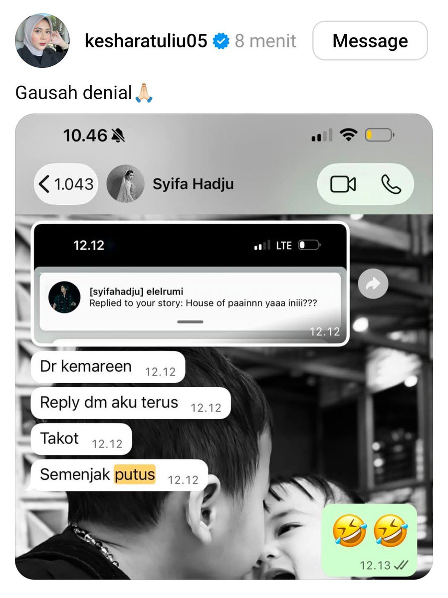 kamarlintang's tweet photo. PART 3, Kesha Ratuliu spill bukti chat untuk bantah dugaan perselingkuhan Syifa Hadju,

Kesha nunjukin chat saat Syifa curhat di-DM oleh El Rumi usai putus dari Rizky Nazar,

Syifa terlihat chat, "Dr kemareen. Reply dm aku terus. Takot. Semenjak putus."

Kesha ngebold tulisan "putus" & juga bikin caption, "Gausah denial."

Isu selingkuh ini viral gara2 live streaming di mana Anjasmara tanya ke Rizky, "Jadi sebenernya yg dulu itu, kamu selingkuh apa diselingkuhi?"

Anjasmara juga bilang, "Orang Iky nyampek skarang aja jomblo, itu kan terbukti siapa yg diselingkuhi."