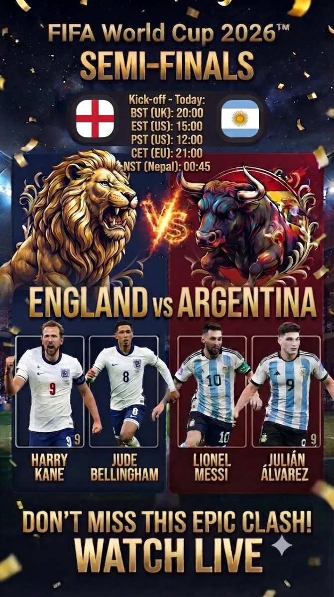 worldcupcntral's tweet photo. 🚨 SEMI-FINAL SHOWDOWN! 🚨
​🏴󠁧󠁢󠁥󠁮󠁧󠁿 England vs. Argentina 🇦🇷
The ultimate battle for a spot in the FIFA World Cup Final.
​⏰ KICKOFF TIMES (Check graphic for yours):
​The world is watching. VOTE  BELOW 👇 #FIFAWorldCup #ENGvsARG #WorldCup2026 #Football #Soccer https://t.co/xVSzqbIQ5g