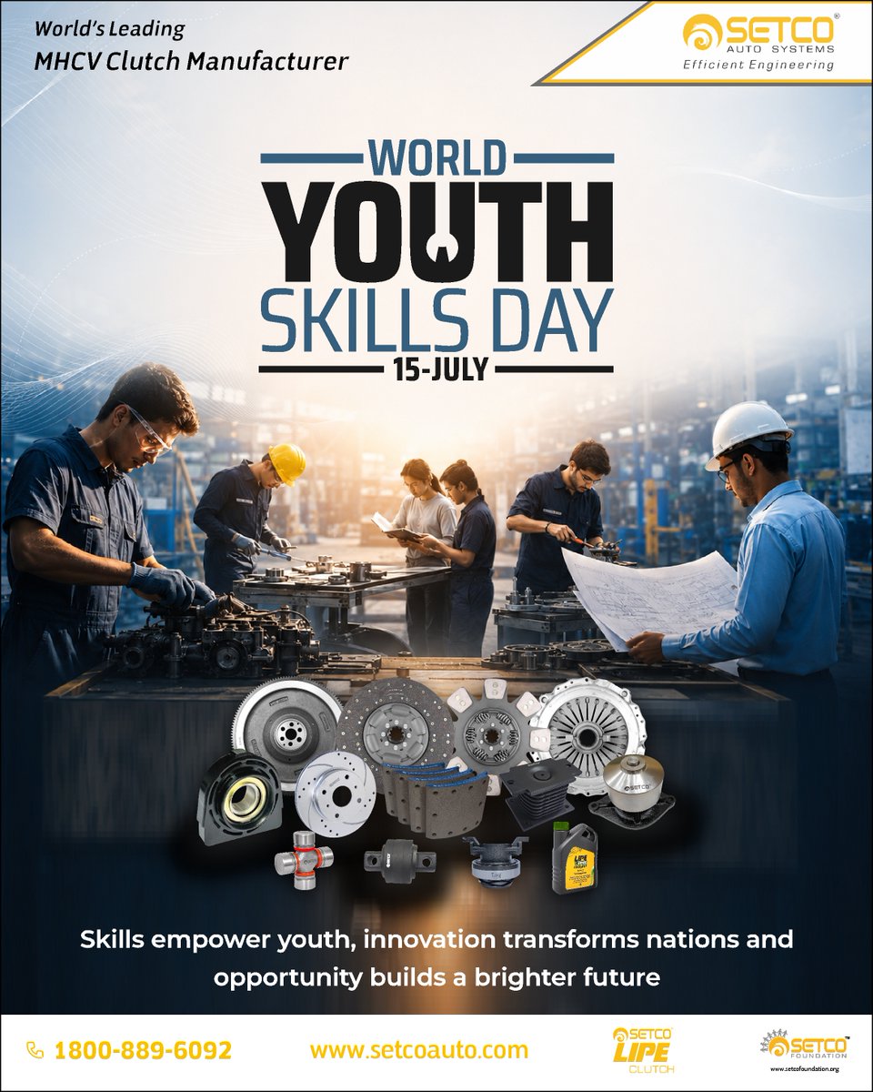SetcoAuto's tweet photo. The strongest tools aren't made of steel... they're built through skill.
Today, we celebrate the determination, learning, and craftsmanship of young minds shaping the future of mobility and manufacturing.

Happy World Youth Skills Day!

#SetcoAutoSystems #LIPEClutch #Skills https://t.co/j8XkMSsOAR