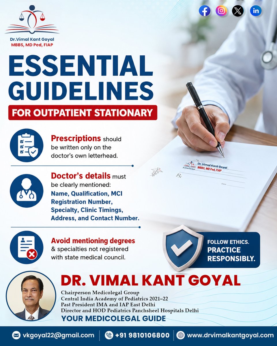drvimalgoyal's tweet photo. Essential Guidelines for Outpatient Stationery 🩺

A legally compliant prescription should:
✔️ Be on the doctor's official letterhead
✔️ Include complete professional details
✔️ Mention only State Medical Council–registered qualifications &amp; specialties

#MedicalPractice #Doctors https://t.co/nyv5DyLKY5