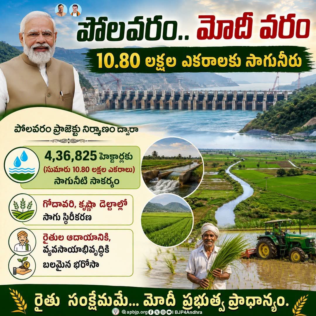 boyamanohar123's tweet photo. పోలవరం పూర్తయితే సుమారు 10.80 లక్షల ఎకరాలకు సాగు నీటి సౌకర్యంతోపాటు , గోదావరి-కృష్ణా డెల్టాల్లో సాగు స్థిరీకరణ, రైతుల ఆదాయానికి కొత్త భరోసా లభిస్తుంది.
#Polavaram #BJP4AP #BJP4Andhra https://t.co/2iOduSjgB2