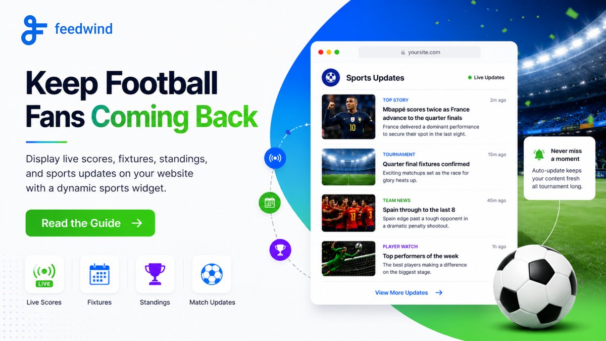 feedwind's tweet photo. Keep football fans engaged throughout the FIFA World Cup!⚽
Add a dynamic sports widget to your website to display live scores, fixtures, standings, and match updates automatically. Perfect for sports blogs and fan sites. https://t.co/RpC574Epkl #FeedWind #FIFAWorldCup #LiveScore https://t.co/BCXfEFXrRI
