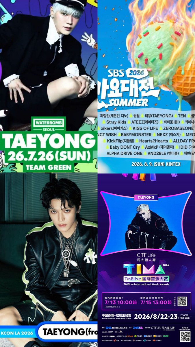 Elsplstrtyong's tweet photo. 🔛Updated #Taeyong schedules🌹🗓 #태용 

JULY 
18 • FANSIGN & PHOTO EVENT IN TAIPEI  
26 • WATERBOMB SEOUL 2026

AUGUST
4 • FANSIGN & PHOTO EVENT IN SHANGHAI
9 • SBS 가요대전 SUMMER  2026
14 • NCT 127 (KCON LA 2026 )
15 • TAEYONG (KCON LA 2026 )
16 • FANSIGN EVENT IN LA 
22 • TIMA (TMElive International Music Awards)