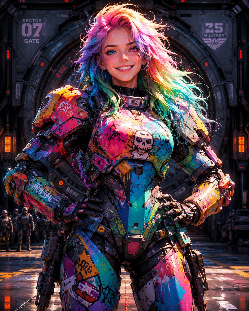 xellos_art's tweet photo. MechaSuit 2.0: military base #12

 ⚙️ and let's end this chapter with colors ! so much explosive colors !!

>> support with Like &amp; Follow ✨
#AIart #digitalart #animegirl #アニメ #scifi #mechasuit https://t.co/Z5h72Tv2PB