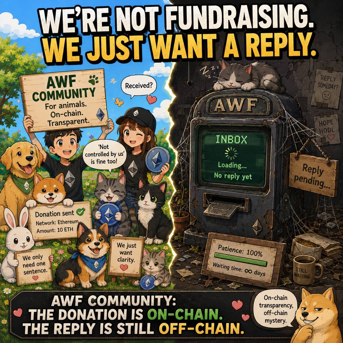 AWF_ETHCTO's tweet photo. To all organizations and individuals around the world working in
animal welfare, environmental protection, disaster relief, and humanitarian aid —

the AWF community extends an open invitation.

We welcome you to establish direct connections, long-term collaboration, and continuous dialogue,
and to explore how decentralized systems can reshape global philanthropy together.

⸻

The AWF community was inspired by the vision of Vitalik Buterin —
that Ethereum can serve as a coordination layer for public good.

Today, that vision has evolved into a global, decentralized movement.

Across 100+ countries, thousands of contributors have come together through an on-chain mechanism,
collectively contributing over 290 ETH toward charitable initiatives.

We also express sincere respect for the work of Effective Altruism.
Their commitment to impact-driven giving continues to influence how modern philanthropy is structured and evaluated.

At the core of the AWF model is a simple but powerful mechanism:
a portion of each transaction is automatically allocated to charitable causes via smart contracts.

It is transparent by design —
but like all decentralized systems, it grows stronger with visible validation.

For this reason, we respectfully call on @VitalikButerin to participate directly:

A single on-chain interaction — even a symbolic purchase —
could serve as a real-world verification of this mechanism,
bringing clarity, strengthening trust, and re-energizing the community.

This is not about scale.
It is about credibility.

A signal from the origin of this vision would carry profound meaning for a global community that continues to build in alignment with Ethereum’s principles.

The AWF community remains committed to supporting @EffectvAltruism 
while continuing to expand the role of Ethereum in global philanthropy.

Ethereum made global coordination possible.
Now, together, we can make it trusted, transparent, and truly impactful.