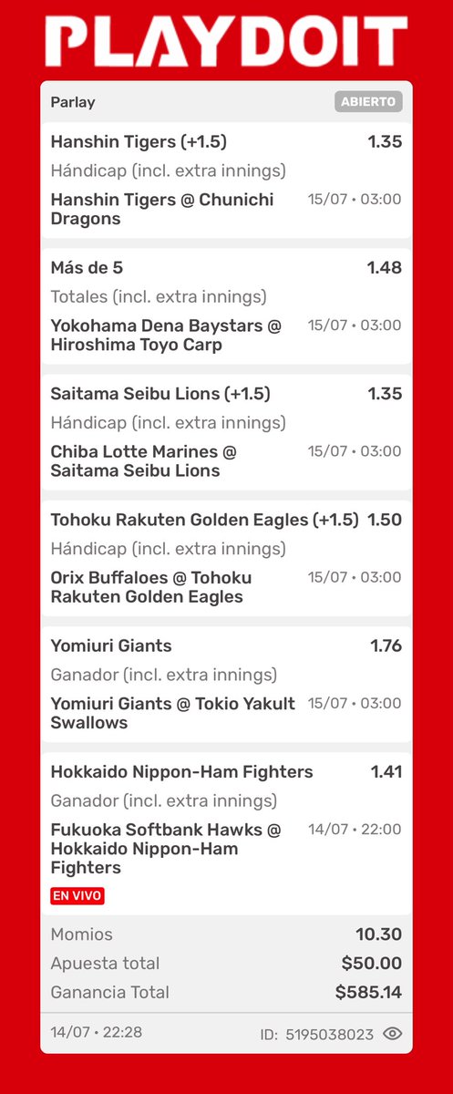 cherch_bets's tweet photo. En corto porque ya empezó la NPB 🇯🇵

Poquito bank para dejar para la semi de mañana 🫡

🇨🇿 https://t.co/DRRDk4247K