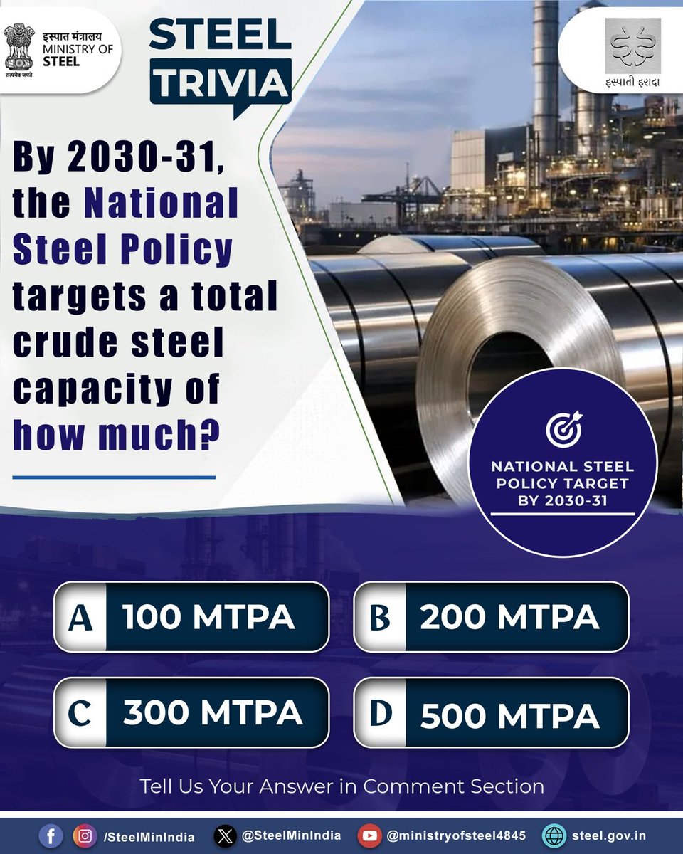 SteelMinIndia's tweet photo. Think you know India's steel roadmap? 🤔
By 2030–31, what is the National Steel Policy's target for total crude steel capacity?
Drop your answer in the comments! ⬇️
#SteelTrivia #NationalSteelPolicy #SteelSector #MinistryOfSteel #IndiaSteel #AtmanirbharBharat https://t.co/DOblMAoS6e