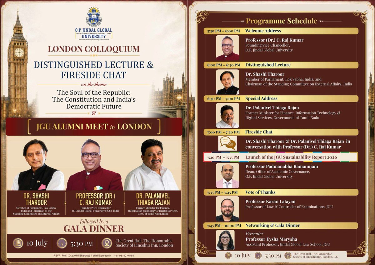 ptrmadurai's tweet photo. Distinguished Lecture Series in the United Kingdom | III. London

The final engagement of this UK lecture series was held at @lincolnsinn, London, with a lecture on "The Soul of the Republic: The Constitution and India's Democratic Future."

The evening concluded with an engaging fireside conversation alongside my good friend Dr. @ShashiTharoor, MP, moderated by Prof. (Dr.) C. Raj Kumar, followed by the JGU London Alumni Meet.

The strength of a constitutional democracy ultimately depends not only on its constitutional text, but on the resilience of its institutions, the vitality of public debate, and the commitment of each generation to uphold constitutional values.

This series marks another chapter in my continuing association with @JindalGlobalUNI, building on earlier engagements in India and the United States. It has been a privilege to exchange ideas with students, scholars, alumni and the wider academic community across Cambridge, Oxford and London.
