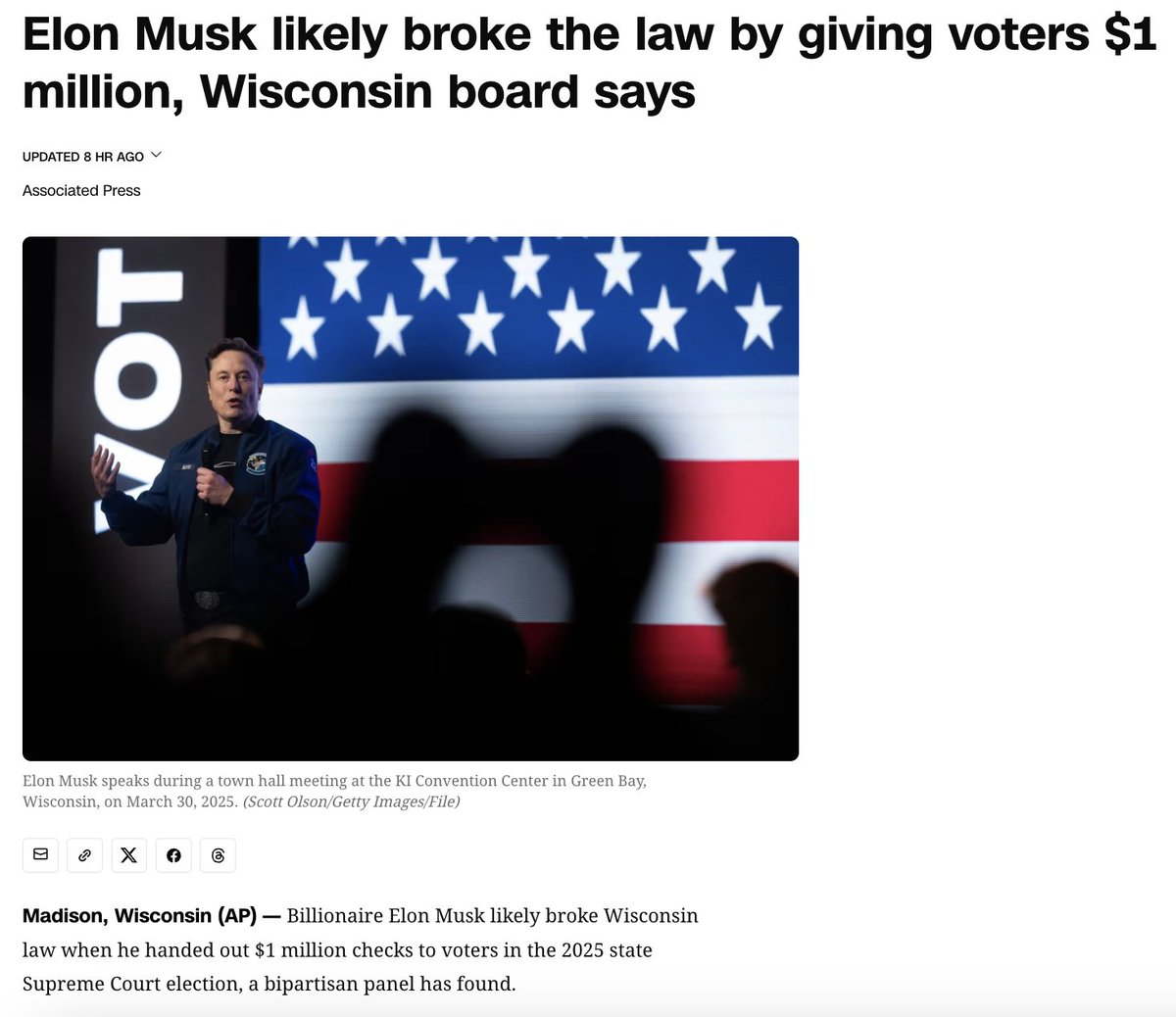 emptywheel's tweet photo. 5 WI election officials, including 2 GOPers, find probable cause that an African immigrant illegally spent $1 million to affect an election.

Why isn't @AAGDhillon investigating this suspect crime?

Is she CODDLING immigrants who break the law to steal elections?

https://t.co/taiSJJZUCi