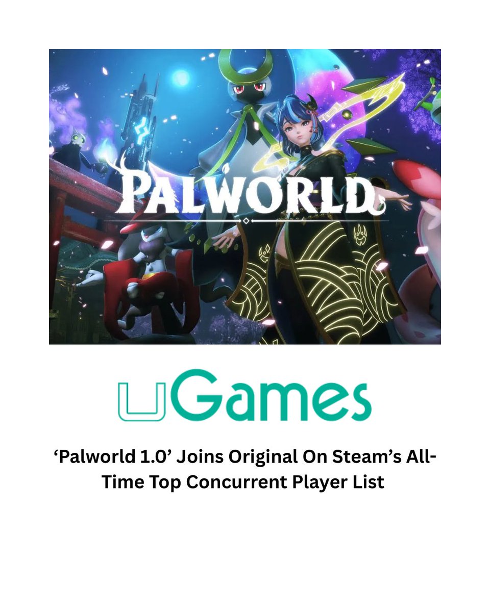ugamestv's tweet photo. ‘Palworld 1.0’ Joins Original On Steam’s All- Time Top Concurrent Player List
Read More: https://t.co/1gnZVJYfLK
#Palworld #Steam #PlayerList
Follow @ugamestv for the best gaming news & updates https://t.co/0KG1NWz3zV