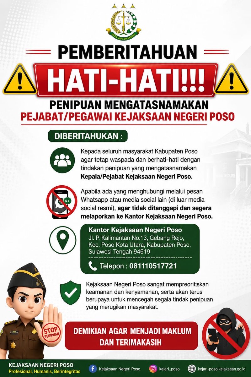 KejariPoso's tweet photo. Waspada terhadap PENIPUAN https://t.co/FxZXLAPskr