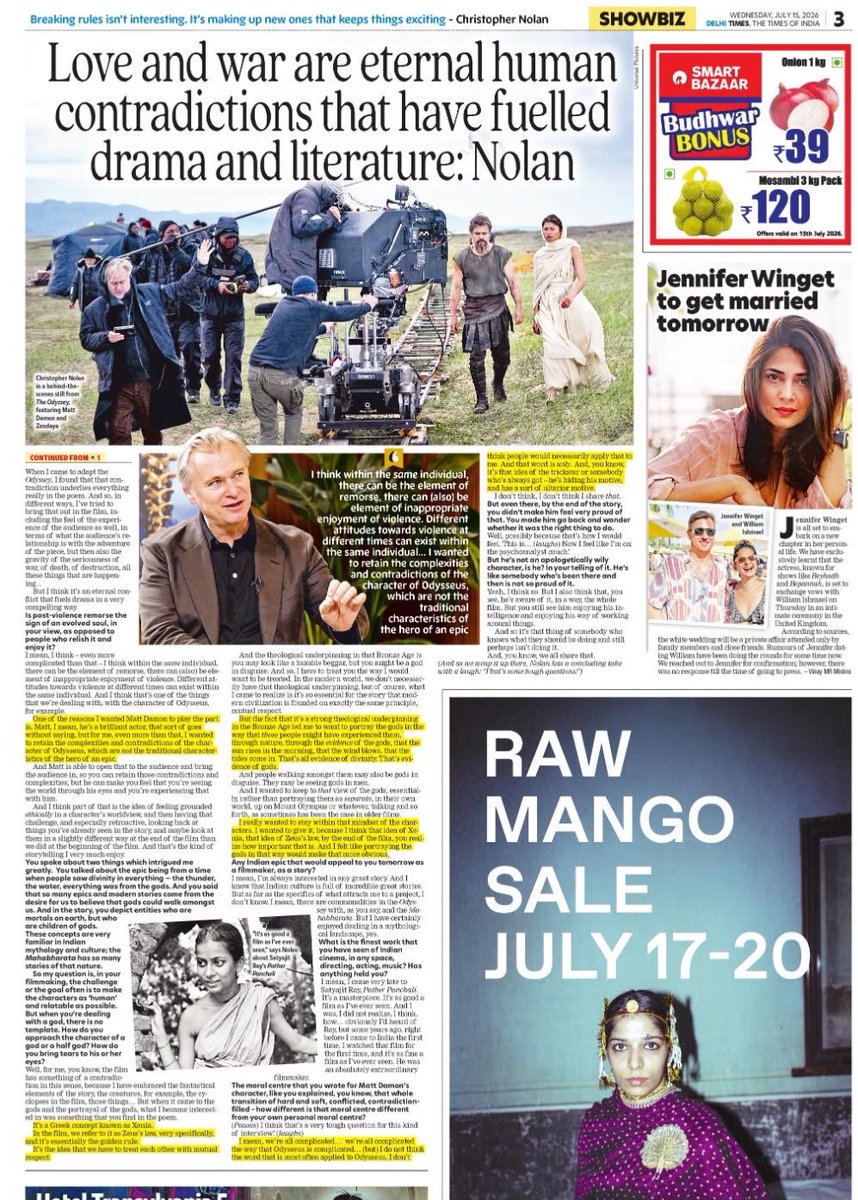 iamNamitaJoshi's tweet photo. It's rare to see an interviewer push a mind like Nolan's into actual introspection. Getting a creator of his stature to genuinely pause and say 'that's a very tough question' is a massive win. An absolute masterclass in cultural journalism by @AnshulChaturvdi 
In today’s TOI https://t.co/0e9iu5jKUB