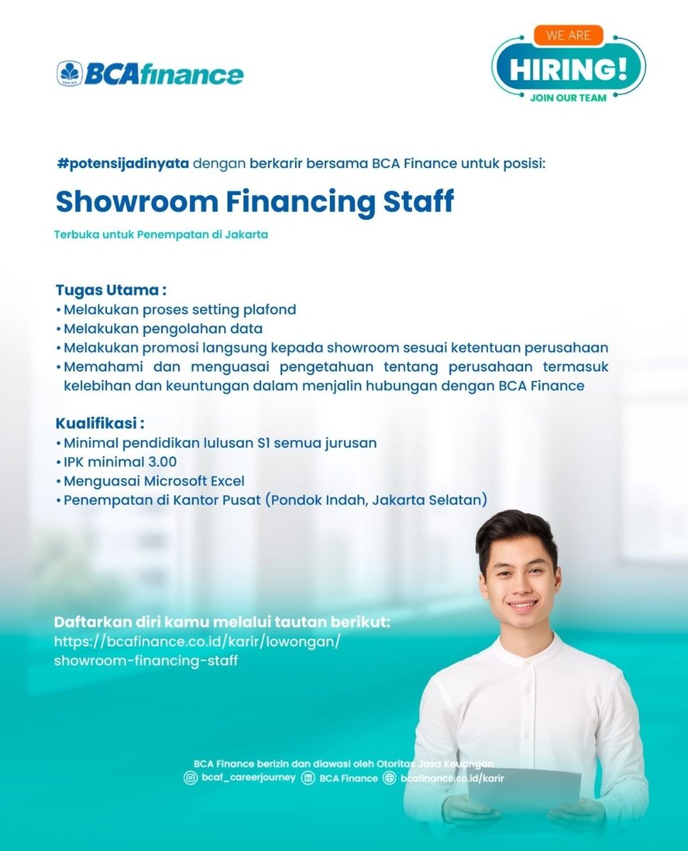 lokerbos's tweet photo. Lowongan kerja beberapa posisi update hari ini - Segera lamar jika kamu sesuai dengan kualifikasi.

• Showroom financing staff - BCA Finance
• Accounting intern (paid) - Inhealth
• Sales Staff
• Sales Project

Info ini bersumber dari LinkedIn - JULI 2026 https://t.co/LdcLIQgLSP