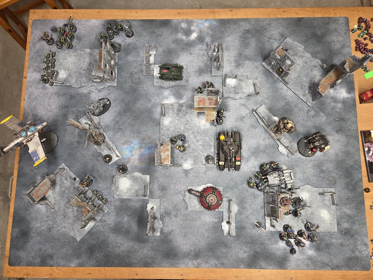 NormNondo's tweet photo. #hobbystreak day 3143, played 3 turns with some updated Marine and Ork lists. 1 pt Ork lead after 3, going to be a nail-biter. #40k #orks #marines https://t.co/CKRlGMotuu