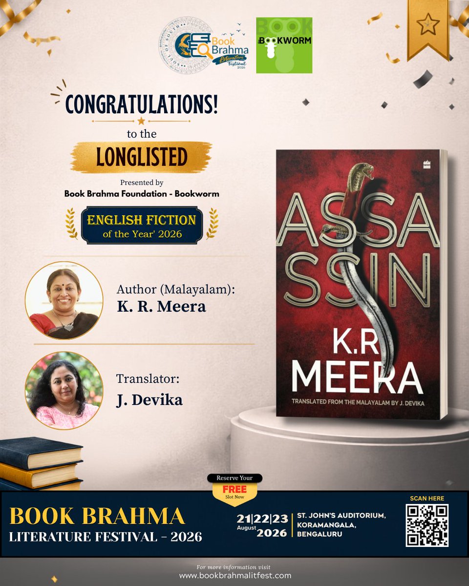 BookBrahma's tweet photo. CONGRATULATIONS!
We are delighted to announce that #Assassin has been Longlisted for the prestigious Book Brahma Fundation– #Bookworm 'English Fiction of the Year 2026' award.
Book: Assassin
Author: #KRMeera
Translator: #JDevika
#BookBrahma #BBLF2026 https://t.co/ZkWoJnNKGy
