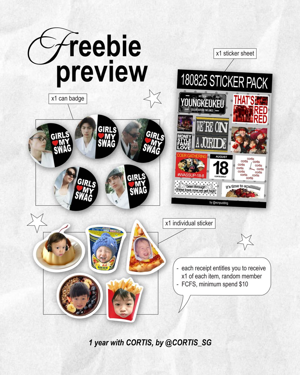 cortis_sg's tweet photo. event freebie preview !!
by cortis_sg

͙͘͡★ each receipt entitles you to receive one of each item, member version will be given at random 
͙͘͡★ will be given on a fcfs basis
͙͘͡★ a minimum of $10 has to be spent in one receipt to be entitled to the freebies https://t.co/DJZuaqQdP8