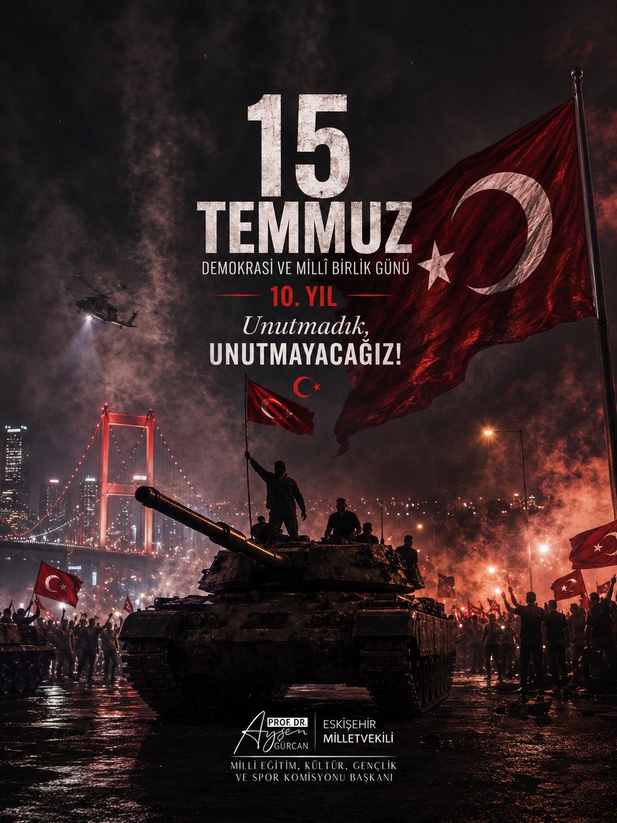 ProfDrAGurcan's tweet photo. 15 Temmuz; aziz milletimizin iradesine, istiklâline ve geleceğine sahip çıktığı, tarihe altın harflerle yazılan bir direniş destanıdır.

Bundan 10 yıl önce, bayrağına ve vatanına sahip çıkmak için meydanlara koşan milletimiz; tanklara, silahlara ve ihanete karşı imanıyla, cesaretiyle ve kararlılığıyla durmuştur.

O gece yazılan destan, milletimizin birlik ve beraberlik ruhunun en güçlü nişanelerinden biri olarak daima yaşayacaktır.

15 Temmuz hain darbe girişiminde şehadete yürüyen kahramanlarımızı rahmet ve minnetle yâd ediyor, gazilerimize şükranlarımı sunuyorum.

Rabbim milletimize bir daha böyle acılar yaşatmasın.

🇹🇷 Unutmadık, unutturmayacağız.

#15Temmuz
#DemokrasiVeMilliBirlikGünü