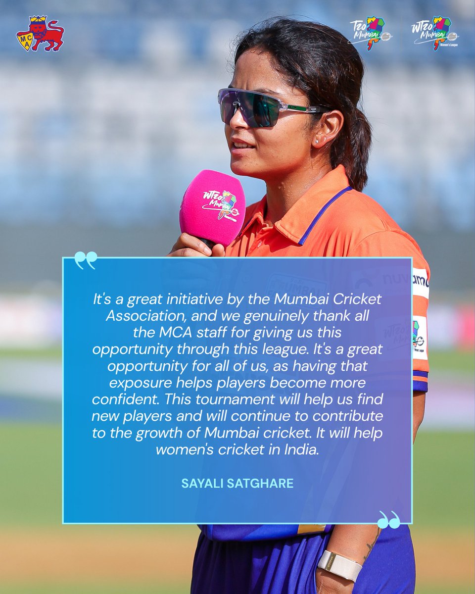 T20Mumbai's tweet photo. Sayali Satghare, Captain of Sobo Mumbai Falcons (Women's), on how the league is opening doors, unearthing new talent, and driving the growth of women's cricket in Mumbai 🏏

#MCA #T20Mumbai #ChanceSoduNako #SayaliSatghare https://t.co/pSqRruhIaL