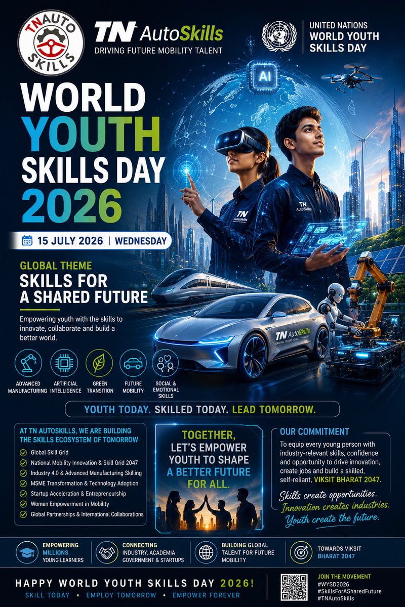 TnAutoSkills's tweet photo. Happy World Youth Skills Day 2026

At TN AutoSkills, we're empowering youth with industry-ready skills to build successful careers in the evolving world of mobility &amp; technology.

#WorldYouthSkillsDay2026 #WYSD2026 #TNAutoSkills #SkillDevelopment #YouthEmpowerment #FutureSkills https://t.co/fcmUx8LlE5
