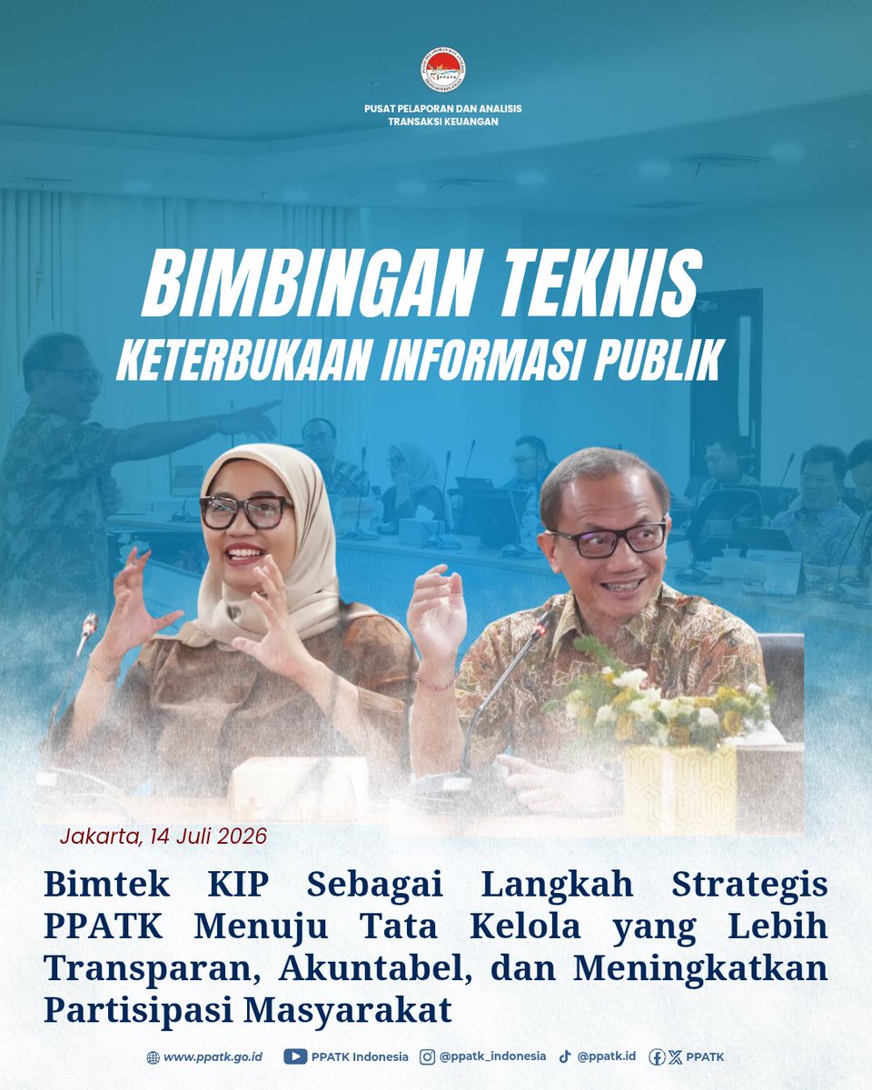 PPATK's tweet photo. Hai #FIUtizen, 

PPATK telah melaksanakan Bimbingan Teknis Tim PPID guna meningkatkan kompetensi dalam pengelolaan layanan informasi publik yang profesional, transparan, dan akuntabel sesuai amanat Undang-Undang Keterbukaan Informasi Publik.

Kegiatan ini membahas pengelolaan permohonan informasi, penyusunan Daftar Informasi Publik (DIP), hingga pelaksanaan uji konsekuensi terhadap informasi yang dikecualikan. Dengan penguatan kapasitas ini, PPATK berkomitmen menghadirkan layanan informasi yang semakin berkualitas serta mendukung tata kelola pemerintahan yang transparan dan akuntabel.

#PPATK #PPID #KeterbukaanInformasiPublik #Transparansi #Akuntabilitas #PelayananPublik #GoodGovernance