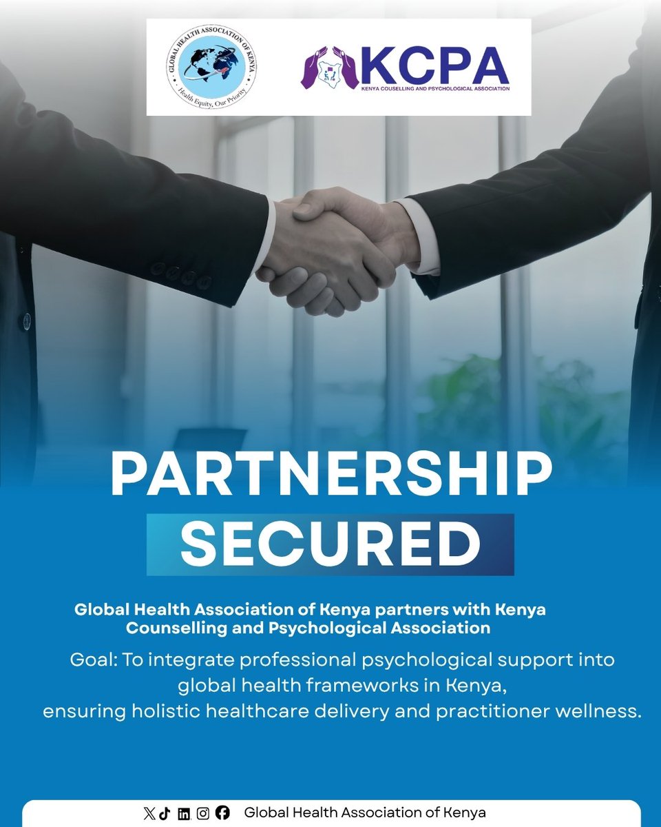 Health001Global's tweet photo. 🎉🤝The Global Health Association of Kenya( @GHAK )  is glad to announce the securement of partnership with The Kenya Counselling and Psychological Association (@KCPA ) aiming for the integration of professional psychologist support into global health frameworks in Kenya https://t.co/GES0O8OSfm