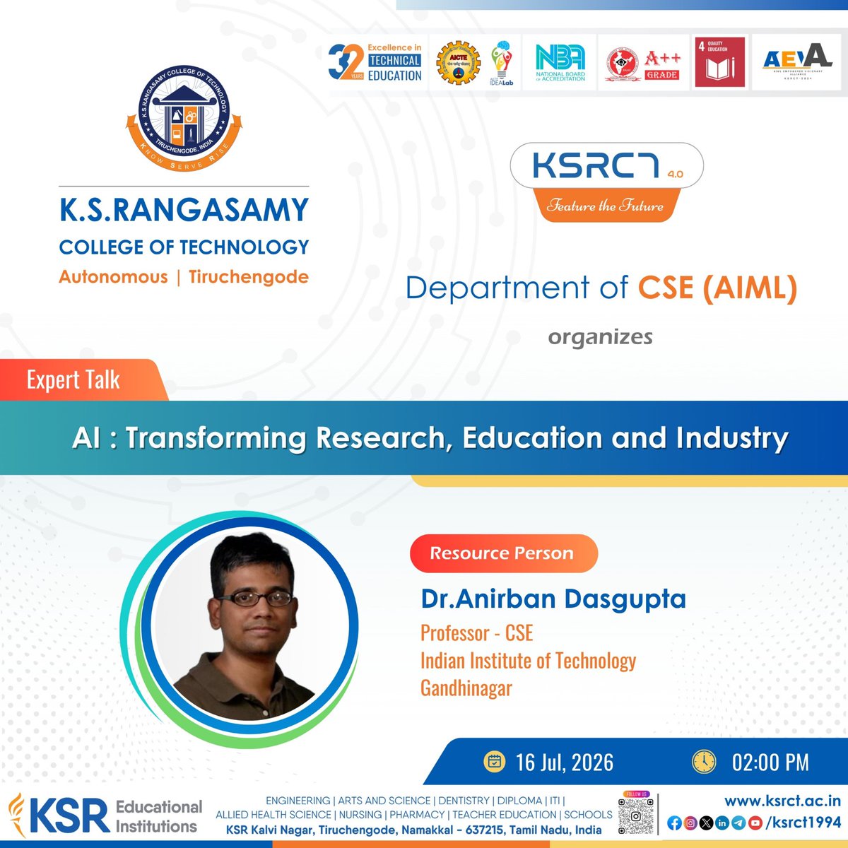 ksrct1994's tweet photo. Expert Talk on AI: Transforming Research, Education and Industry
#ArtificialIntelligence #AI #Research #Education #Industry #ExpertTalk #AIML #Innovation #KSRangasamyCollegeOfTechnology #KSRCT #IITGandhinagar https://t.co/p25tcmLLEz