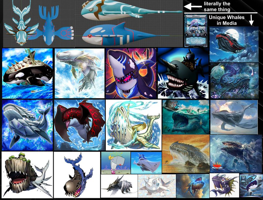 TrevorAllenMD's tweet photo. It's weird seeing people defend this??? It's just a Kyogre reskin.

And the defense being, "There are only so many ways to design a whale," shows an extreme lack of creativity &amp; design knowledge.

This isn't even art inspiration. It's just blatant lazy art theft. 🐳🚫 https://t.co/ZQg5lNLbet