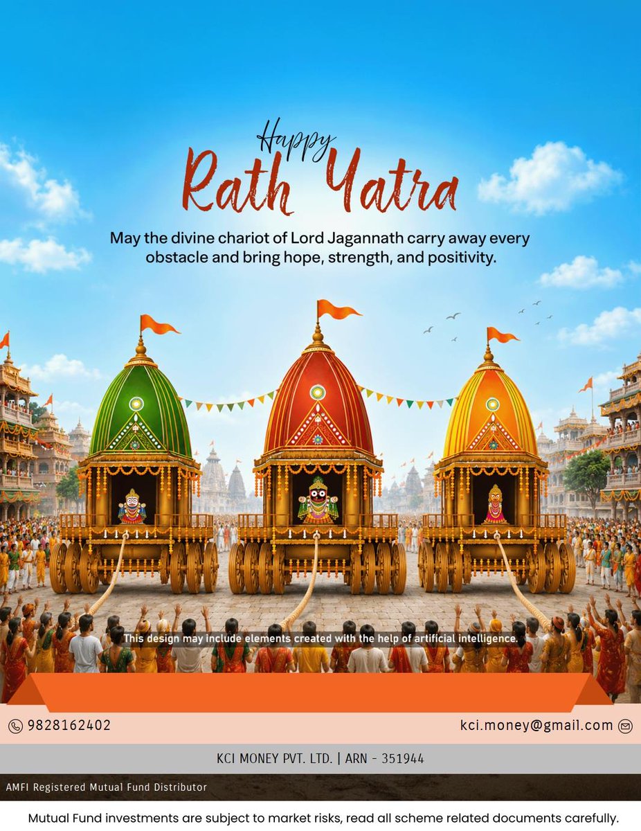 rajeevkci's tweet photo. 🚩 May Lord Jagannath guide your path with blessings, prosperity, and success. Happy Rath Yatra! 🙏✨

#HappyRathYatra #JaiJagannath #RathYatra #Blessings #Prosperity #Success #MutualFunds #SIP #InvestSmart #KCIMoney 🚩🙏 https://t.co/B85yFOziiG