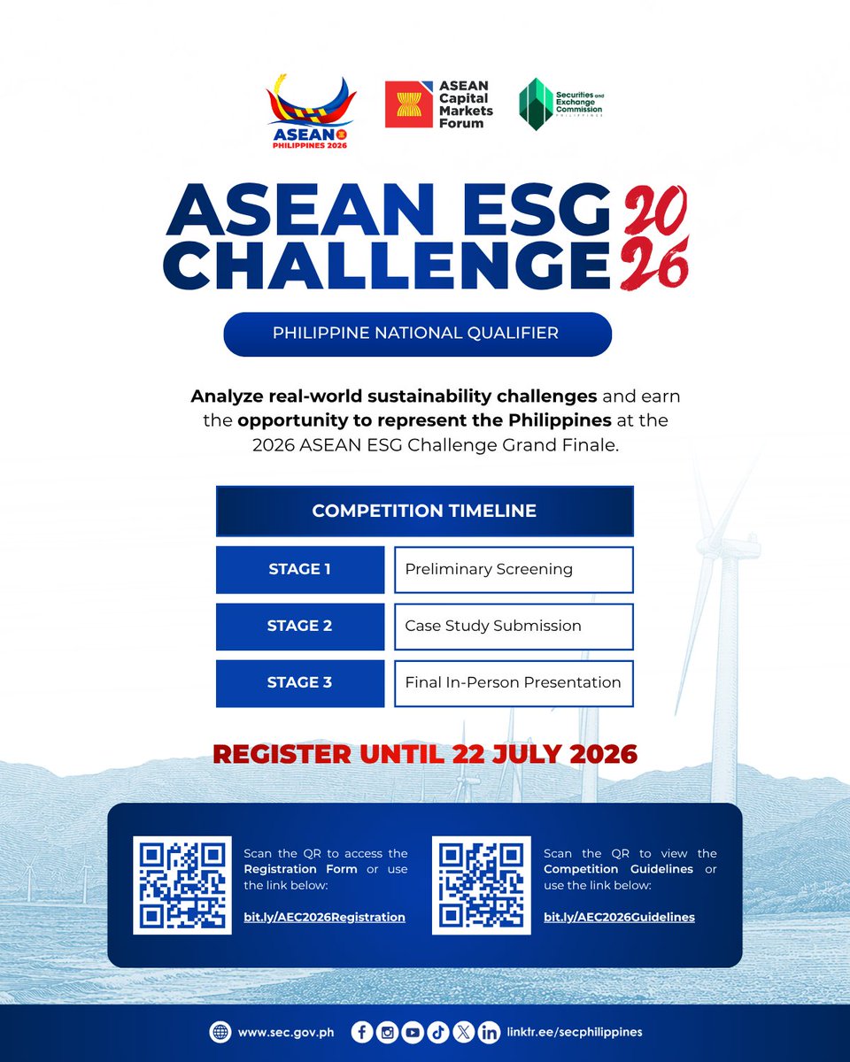 SEC_Philippines's tweet photo. 📣 𝗥𝗲𝗴𝗶𝘀𝘁𝗲𝗿 𝗻𝗼𝘄 𝗳𝗼𝗿 𝘁𝗵𝗲 𝗔𝗦𝗘𝗔𝗡 𝗘𝗦𝗚 𝗖𝗵𝗮𝗹𝗹𝗲𝗻𝗴𝗲 𝟮𝟬𝟮𝟲 𝗣𝗵𝗶𝗹𝗶𝗽𝗽𝗶𝗻𝗲 𝗡𝗮𝘁𝗶𝗼𝗻𝗮𝗹 𝗤𝘂𝗮𝗹𝗶𝗳𝗶𝗲𝗿!

🗓️Open until 22 July 2026
🔗 https://t.co/F0GtUzlCfp

📖 View the complete Competition Guidelines: https://t.co/Bdz7BCNRWs https://t.co/AvA4GSCMHy