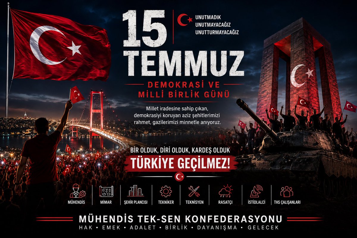 MuhTekSen_Konf's tweet photo. 15 TEMMUZ: MİLLET İRADESİNİN DESTANI

15 Temmuz 2016 gecesi; aziz milletimiz, demokrasimize, millî irademize ve devletimizin bağımsızlığına yönelen hain darbe girişimi karşısında tarihe geçen büyük bir direniş göstermiştir.

Milletimiz; vatanına, bayrağına ve geleceğine sahip çıkarak hiçbir gücün millî iradenin üzerinde olamayacağını tüm dünyaya bir kez daha ilan etmiştir.

O gece; mesleği, unvanı, görevi ve düşüncesi ne olursa olsun milyonlarca vatandaşımız aynı ideal etrafında birleşmiş, “Söz de karar da milletindir!” diyerek demokrasinin ve millî egemenliğin yanında dimdik durmuştur.

Mühendis Tek-Sen Konfederasyonu olarak; ülkemizin bağımsızlığına, milletimizin birlik ve beraberliğine, demokratik hukuk düzenine ve millî iradeye yönelik her türlü girişimin karşısında olduğumuzu bir kez daha kararlılıkla ifade ediyoruz.

Bizler; ülkemizin mühendisleri, mimarları, şehir plancıları, teknikerleri, teknisyenleri ve Teknik Hizmetler Sınıfı çalışanları olarak, Türkiye’nin kalkınması ve güçlenmesi için sorumluluk üstlenmeye; devletimize ve milletimize hizmet etmeye devam edeceğiz.

Bu anlamlı günde, 15 Temmuz gecesi vatanımız ve millî irademiz uğruna canlarını feda eden aziz şehitlerimizi rahmet, minnet ve saygıyla anıyor; kahraman gazilerimize şükranlarımızı sunuyoruz.

Unutmadık.
Unutmayacağız.
Unutturmayacağız.

Bir olduk, diri olduk, kardeş olduk.
TÜRKİYE GEÇİLMEZ! 🇹🇷

MÜHENDİS TEK-SEN KONFEDERASYONU YÖNETİM KURULU

@MuhTekSen_Konf 
@MuhTekSenUlasim 
@MuhTekBuro 
@MuhTekBayindir 
@muhteksenkultur 
@MuhTekTrmOrmn 
@MuhTekSenSagSos 
@KaMuhEnerjiSen 
@MuhTekYerelYntm 
@kaMUhendisleri