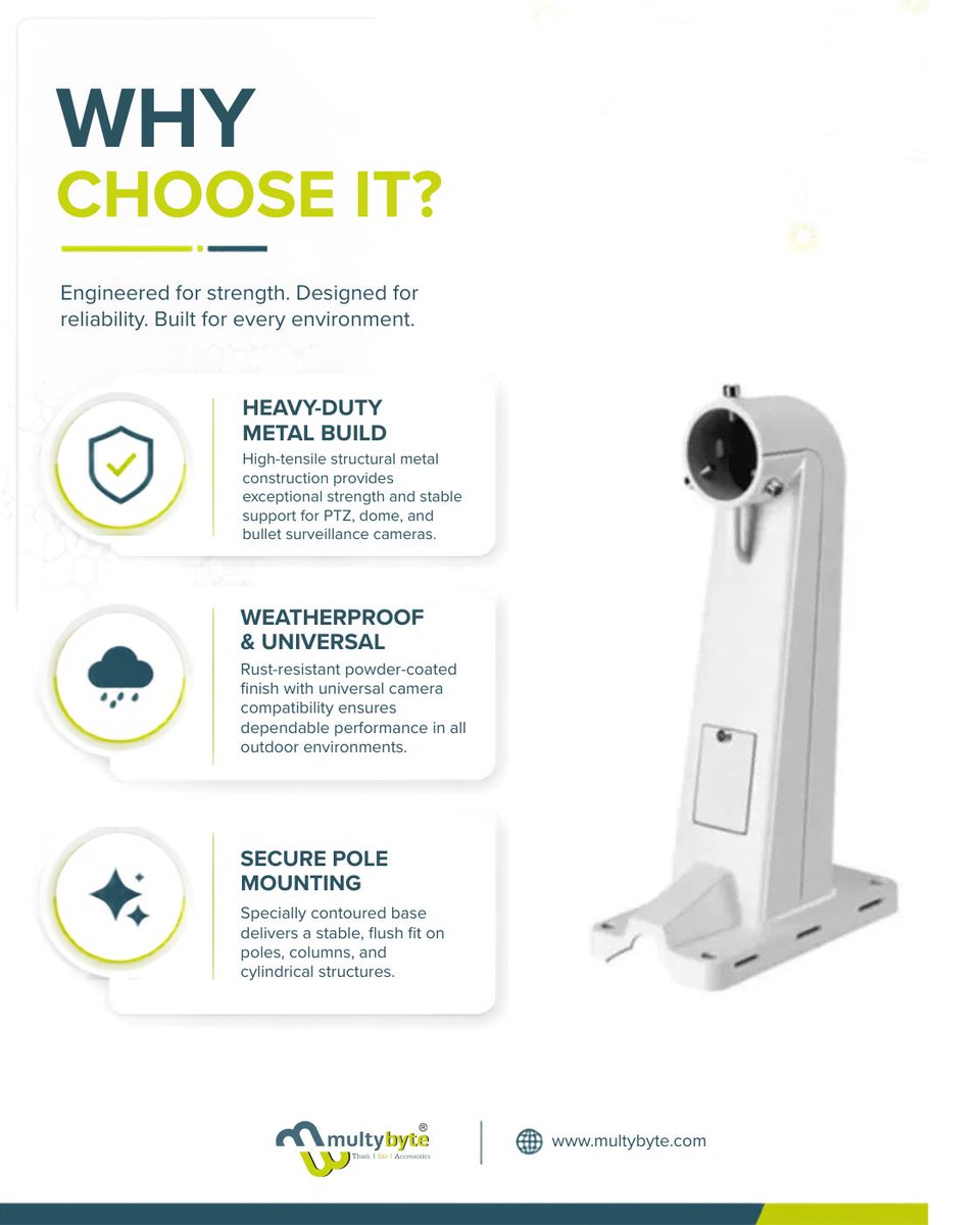 multybyte's tweet photo. Strong mount. Reliable surveillance.

The Multybyte Heavy Duty CCTV Camera Pole Mount is built for secure outdoor installations with durable metal construction and concealed cable management.

🌐 https://t.co/EJx2eqqXFH

#CCTV #CameraMount #SecurityCamera #Multybyte https://t.co/McuUSDx6s3